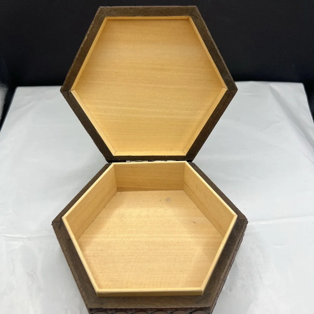 Vintage Polish Carved Wood Hexagon Box Brass Wire Inlay Kaiser Bill's Helen GA